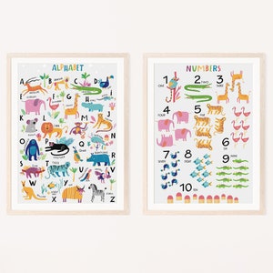 Animal alphabet numbers print set | Nursery decor | Animal nursery prints | Kids room wall art | Childrens bedroom art | A2 large poster