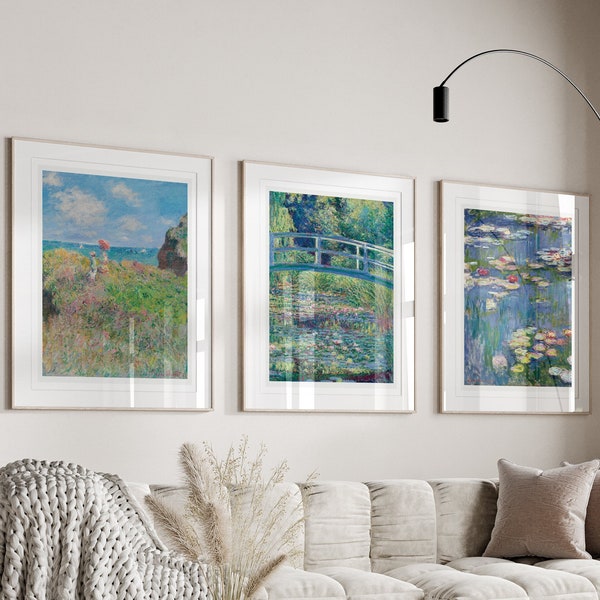 Landscape watercolour | Monet set of 3 prints | gallery wall set | vintage print | Claude Monet | Abstract Home Decor | green wall art