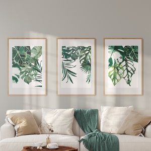Dark Green Leaf Wall Art Trio, Eucalyptus Palm Tropical Print Set, Hanging Leaf Botanical Art, Modern Minimalist Jungle Decor