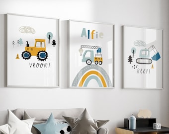 Transport Boys Nursery Prints: Tractor, Truck & Digger Vehicle Wall Art Set of 3 Prints