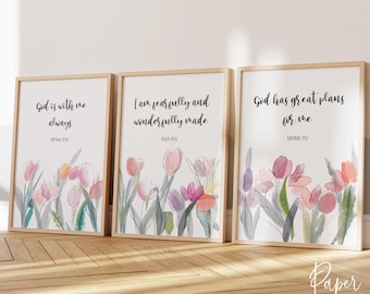 May include: Three framed prints with watercolor floral designs and inspirational quotes. The quotes are "God is with me always", "I am fearfully and wonderfully made", and "God has great plans for me".