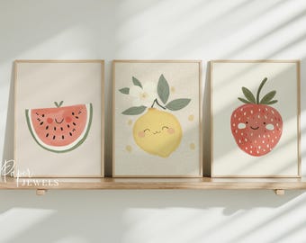 Kids Fruit Wall Art set of 3, Cute Nursery Playroom Decor, Fun Fruit Print Set, Strawberry Lemon Watermelon Prints, Colourful nursery decor
