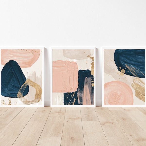 Pink navy abstract wall art | gold minimalist prints | abstract art | pink blue | A2 large poster | set of three prints | minimalist modern