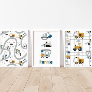 Transport nursery set of 3 prints | boys nursery art | vehicle construction nursery | play room poster | transport decor large A2