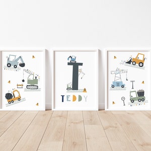 Set of 3 transport nursery prints, personalised baby gift, vehicle tractor digger construction nursery, play room poster, boys room art image 1