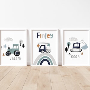 Transport nursery set of 3 prints | personalised gift | vehicle construction nursery | play room poster | A2 large poster | transport decor
