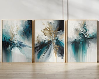 Turquoise green & gold oil paint print set of 3, living room wall posters, glam wall prints, abstract prints, office wall art, home decor