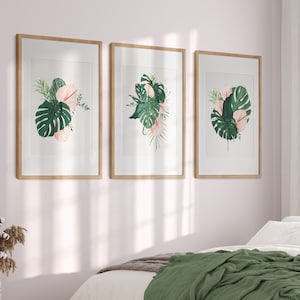 Watercolour green and pink botanicals | set of 3 | watercolour print set | monstera lily art set | A6 A5 A4 A3 A2 print set