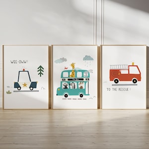 Set of 3 transport nursery prints | personalised scandi car | vehicle police bus fire | play room poster | boys room A2 | children's bedroom