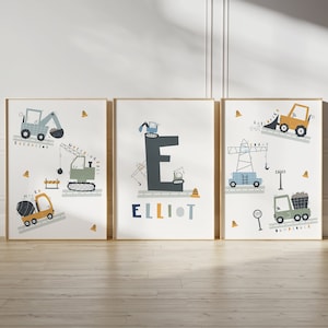 Set of 3 transport nursery prints, personalised baby gift, vehicle tractor digger construction nursery, play room poster, boys room art image 5