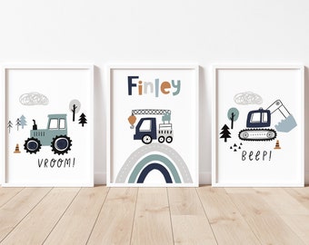 Transport nursery set of 3 prints | personalised gift | vehicle construction nursery | play room poster | A2 large poster | transport decor