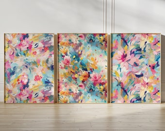 Abstract Floral Print Colourful Set of 3: Teal, Pink & Blue Brushstrokes - Modern Wall Art, Contemporary Art, Above Bed Art, Digital Art