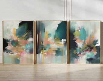 Teal & Blush Abstract Art Prints: Modern Gallery Wall Art Set of 3