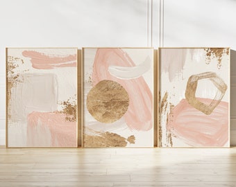 Blush Gold Abstract Art Print Set: Modern Brushstroke Style, Gallery Wall Decor, above bed prints, bathroom art, digital art