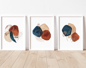 Abstract art Prints set of 3 | Navy Decor| Terracotta and Blue | Abstract Art | Home Decor | Watercolour Wall Art A2 large poster