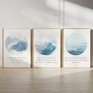 Psalm Printables, Ocean Bible Verse Wall Art Set, Blue Wave Print Trio, Psalms Scripture Prints, Coastal Christian Decor, Psalm Wall Art