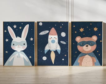 Superhero Nursery Set of 3 prints , Space Rocket, Bear Bunny Wall Art for Kids Bedroom, Boys Room, Baby Nursery Decor, Adventure nursery