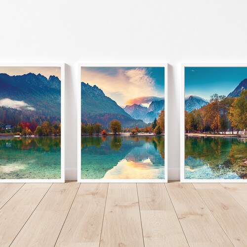 Landscape Set of 3 Mountain Lake Wall Art Watercolour - Etsy UK
