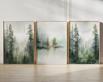 Emerald Green Misty Forest Wall Art Set of 3 Prints, Watercolour Nature Landscape, Sage Green Lakeside Scenery, Woodland Gallery Wall Decor
