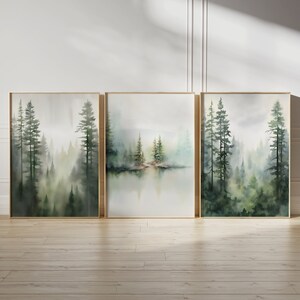 Emerald Green Misty Forest Wall Art Set of 3 Prints, Watercolour Nature Landscape, Sage Green Lakeside Scenery, Woodland Gallery Wall Decor