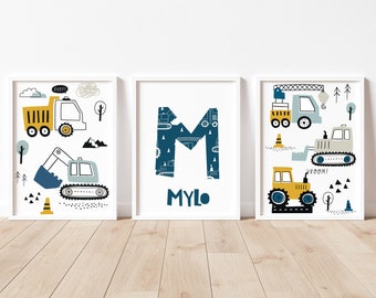 Transport nursery set of 3 prints | personalised gift | vehicle construction nursery initial print | play room large poster | A2 A3 A4 A5 A6