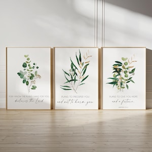 May include: Three printable wall art prints featuring green foliage and inspirational quotes from the Bible. The quotes are "For I know the plans I have for you, declares the Lord", "Plans to prosper you and not to harm you", and "Plans to give you hope and a future".
