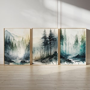 Landscape set of 3 prints, bedroom prints, watercolour nature prints, living room art, mountain wall art, home decor, sage green wall prints