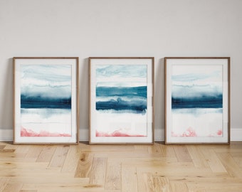 Set of 3 watercolour landscape prints | watercolour minimalist wall art | abstract paintings | blue home decor | blue pink prints | A2 |