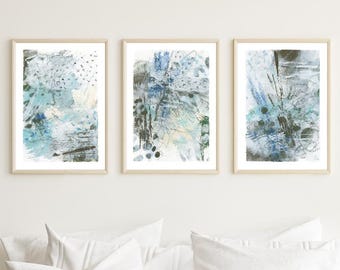 Blue Abstract Wall Art Set of 3 – Modern Coastal Art Prints, Minimalist Blue Textured Artwork, Contemporary Neutral Wall Décor
