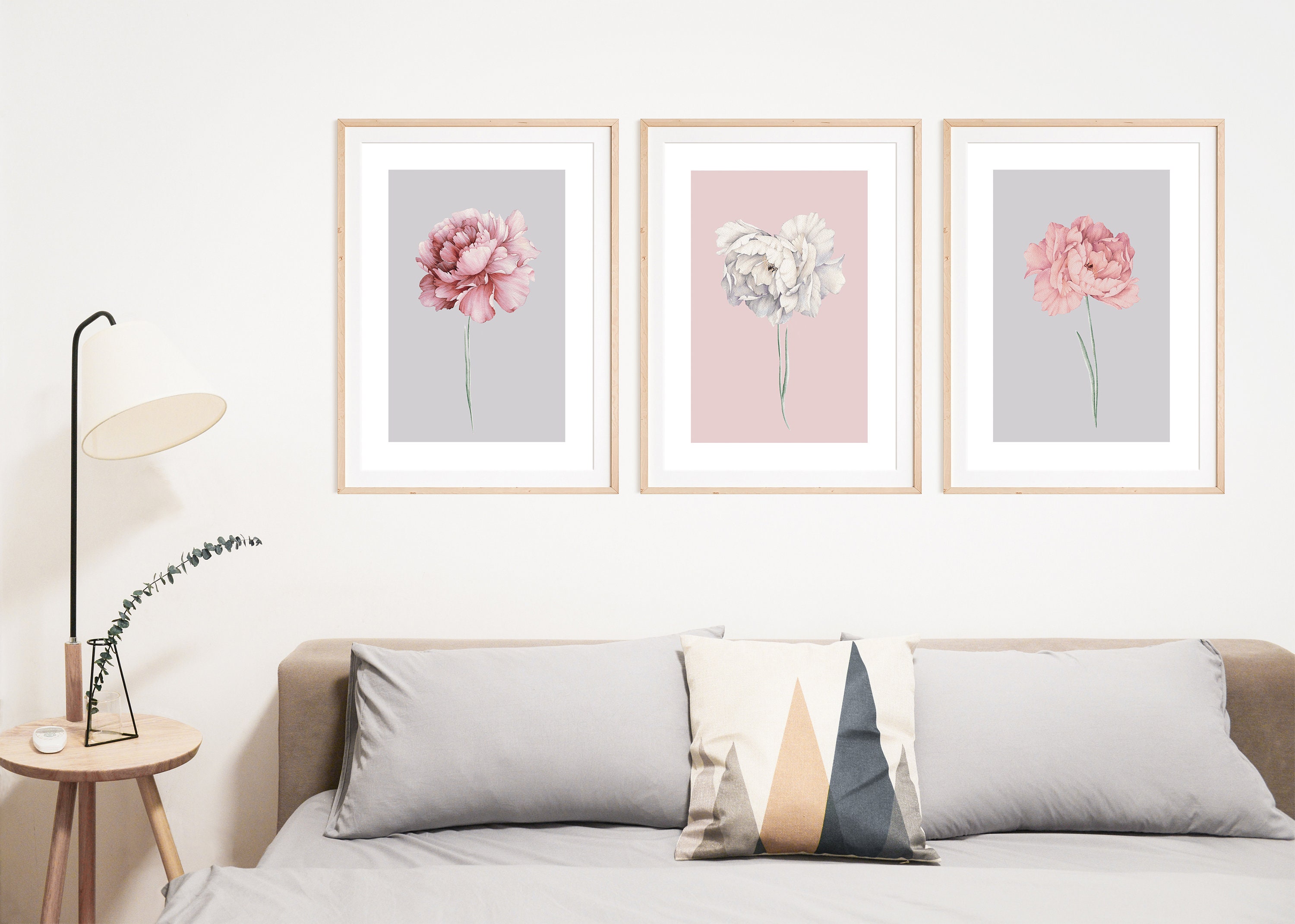 Watercolour blush pink and grey peony set of three floral | Etsy