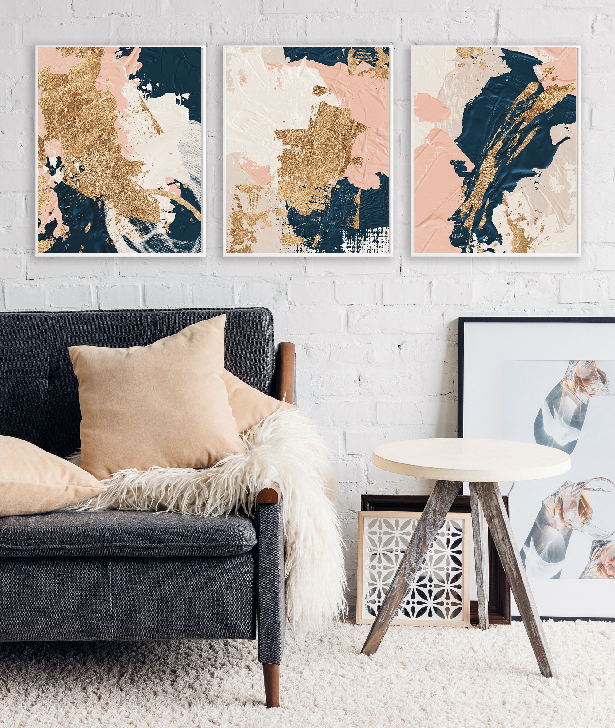 Pink Navy Abstract Wall Art Gold Minimalist Prints Etsy UK