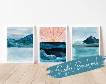 Mountain Lake Triptych Art Print Set: Abstract Sunset Wall Decor (Digital Download)