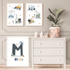 Set of 3 transport nursery prints, personalised baby gift, vehicle tractor digger construction nursery, play room poster, boys room art image 6