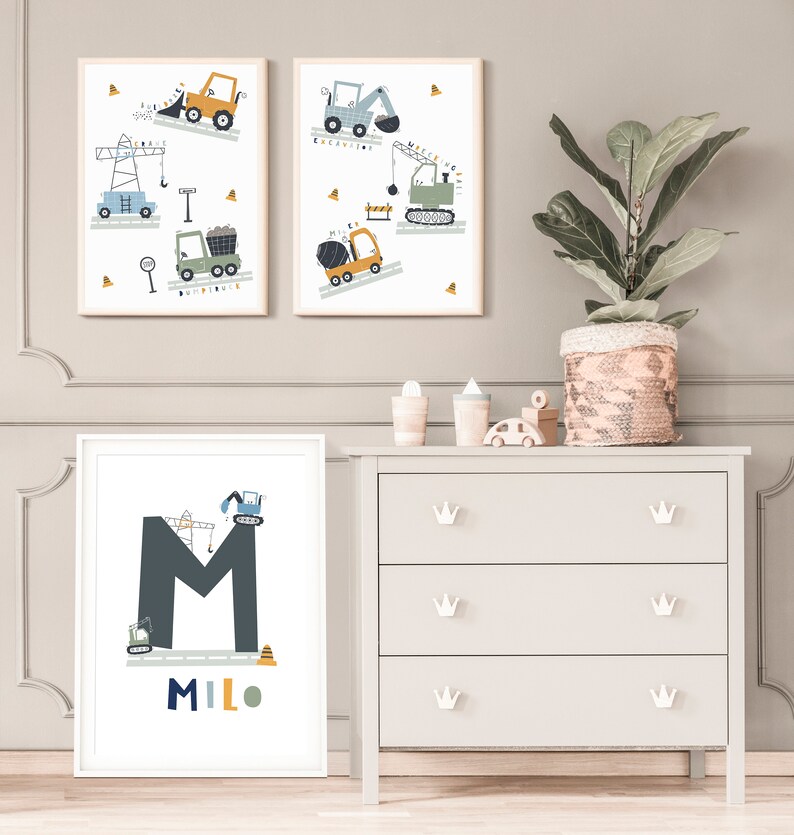 Set of 3 transport nursery prints, personalised baby gift, vehicle tractor digger construction nursery, play room poster, boys room art image 6