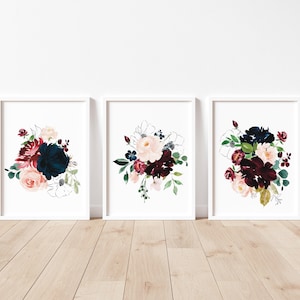 Watercolour burgundy peony set of three floral print set blue red botanical art bouquet art set A2 large poster boho minimalist image 1