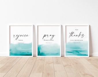 Turquoise landscape scripture print set of 3 | rejoice, be patient, give thanks | watercolour sea | bible verse decor | A2 A3 A4 A5 A6