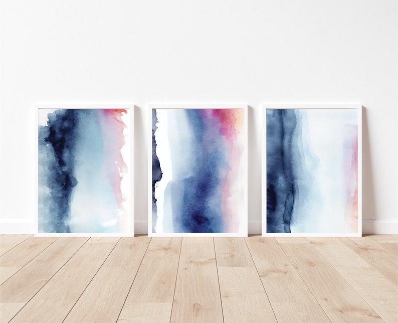 Navy Blue Abstract Wall Art Set of 3 Prints, Blue Pink Home Decor ...