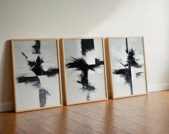 Black and White Abstract Wall Art Set of 3, Modern Minimalist Prints, Contemporary Neutral Art, Monochrome Painting Trio, Digital Art