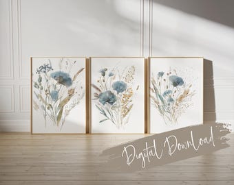 Dusky Blue Wildflower Watercolour Prints: Botanical Wall Art Set of 3 (Instant Download), Above bed prints,  bathroom art, digital art