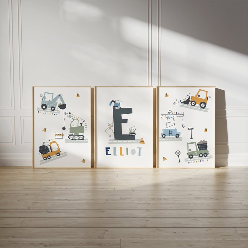 Set of 3 transport nursery prints, personalised baby gift, vehicle tractor digger construction nursery, play room poster, boys room art image 5