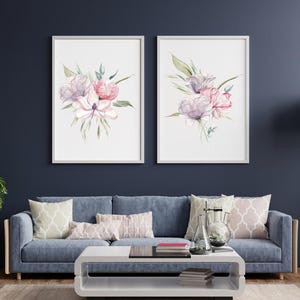 Pink purple peonies, set of three prints, floral set of 3, blush pink botanical print, bathroom art, pink wall art, home decor, A2 A3 A4 art image 3