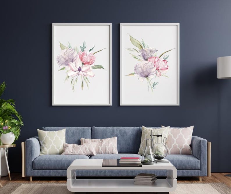 Pink purple peonies, set of three prints, floral set of 3, blush pink botanical print, bathroom art, pink wall art, home decor, A2 A3 A4 art image 3