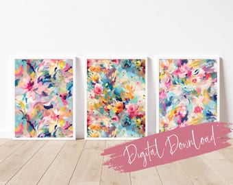 Abstract Floral Print Set: Teal, Pink & Blue Brushstrokes, Instant Download, Digital Art, Contemporary Art, Set of 3 Prints