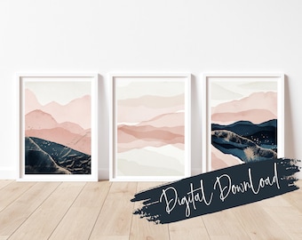 Blush Pink Navy Abstract Landscape Print Set: Modern Minimalist Wall Art (Digital Download), Instant download, Above bed prints