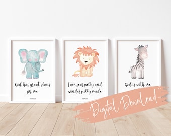 Digital Download - Bible Verse Nursery Print Set, Watercolour Safari Animals Wall Art, Christian Baby Room Decor, Kids room safari animals