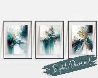Teal & Gold Abstract Art Prints: Glam Home Office Decor (Digital Download Set of 3)