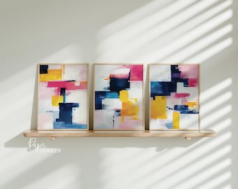 Abstract Wall Art Set of 3, Modern Colourful Prints, Navy Yellow Pink Artwork, Contemporary Minimalist Decor