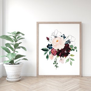 Watercolour burgundy peony set of three floral print set blue red botanical art bouquet art set A2 large poster boho minimalist image 5