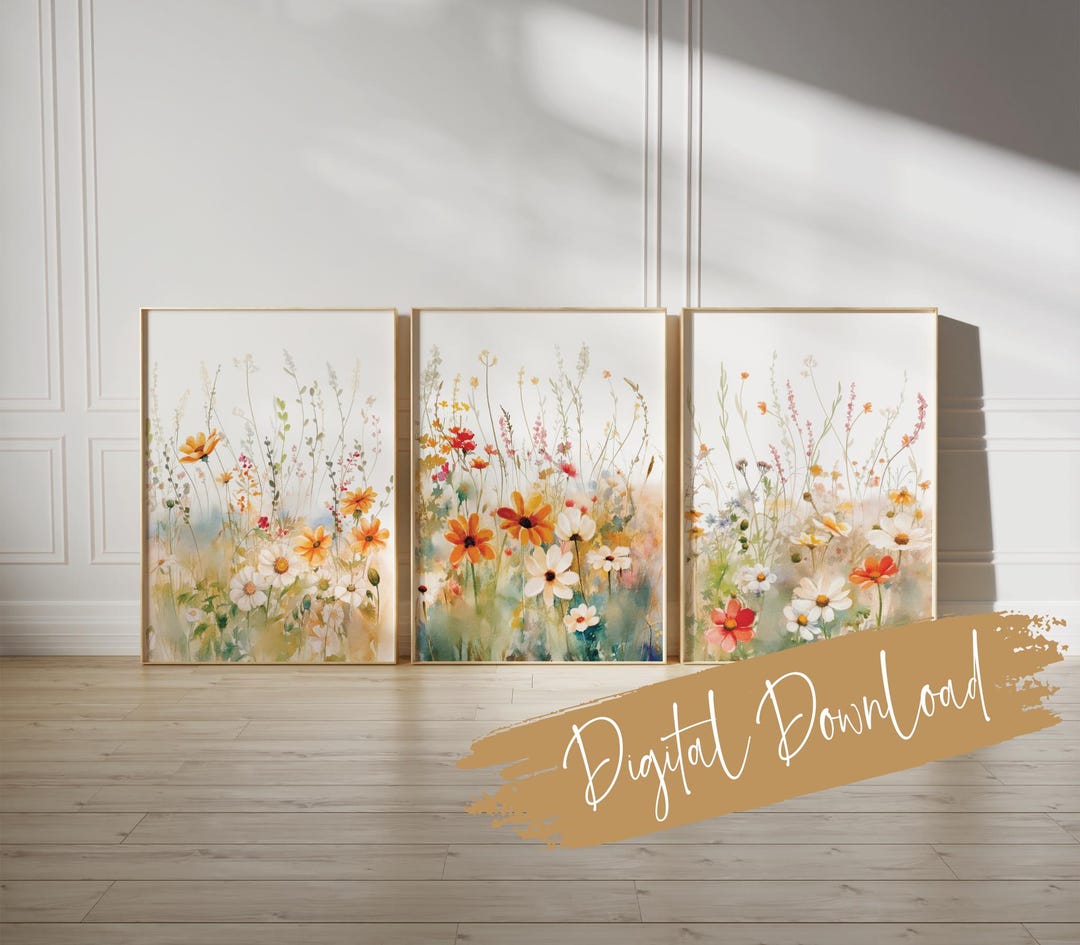 Watercolour Wildflower Meadow Print Set: Triptych Farmhouse Wall Art ...