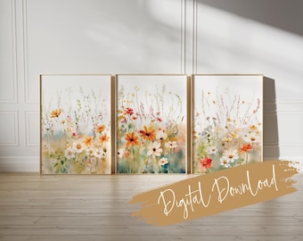 Watercolour Wildflower Meadow Print Set: Triptych Farmhouse Wall Art (Digital Download)